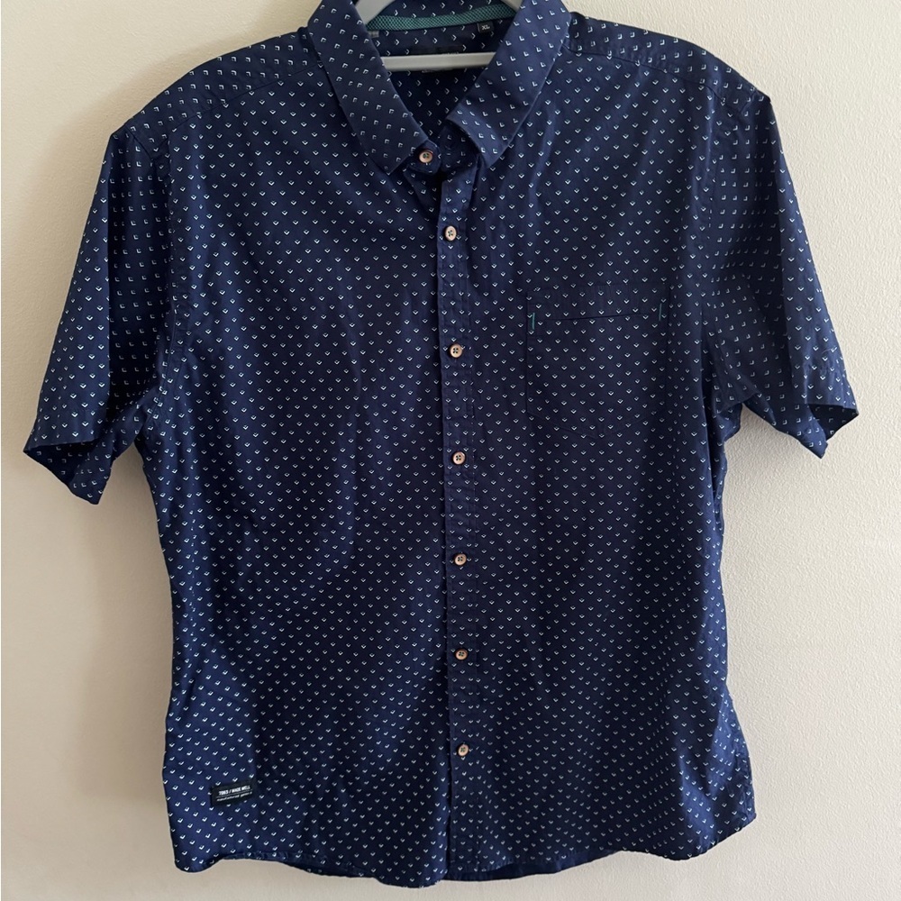 7 Diamonds Navy Blue Patterned Button Down Shirt XL